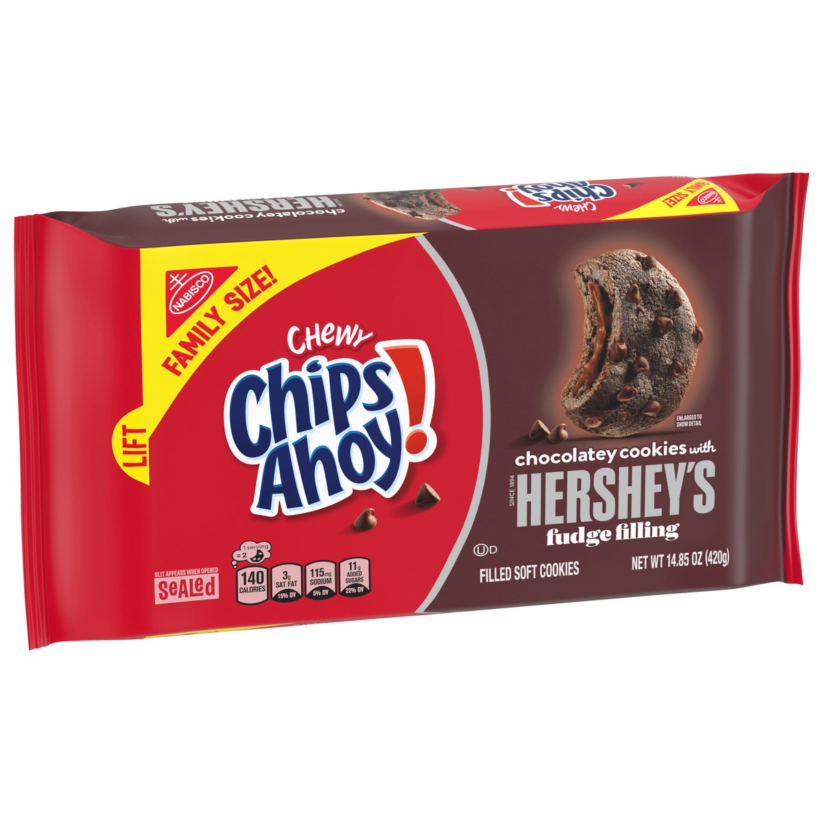slide 3 of 14, CHIPS AHOY! Chewy Chocolatey Hershey's Fudge Filled Soft Chocolate Chip Cookies, Chocolate Cookies, Family Size, 14.85 oz, 14.85 oz