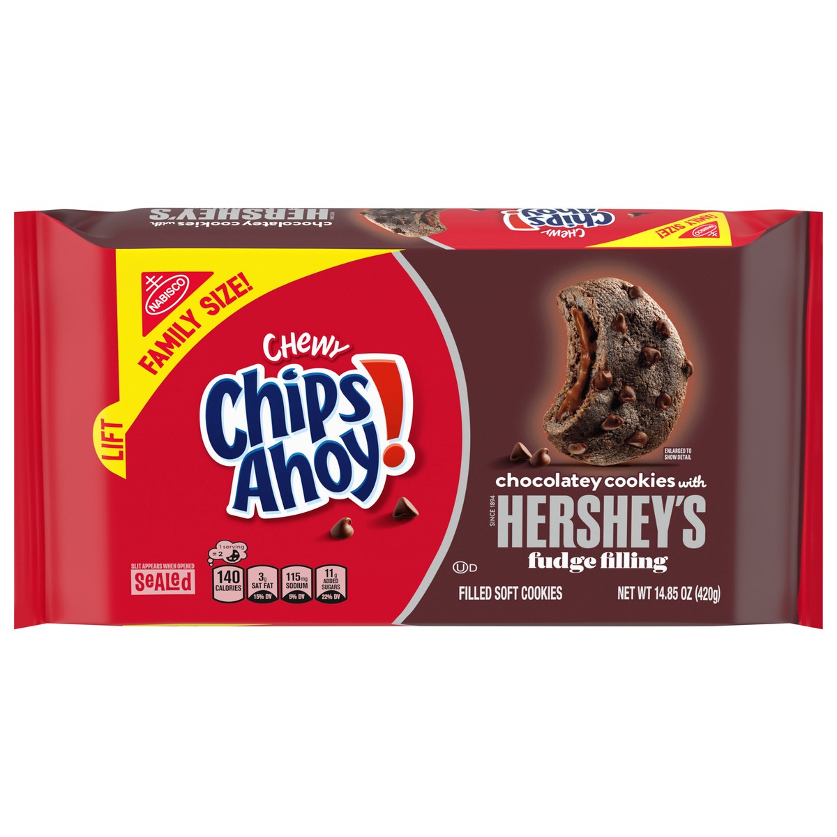 slide 10 of 14, CHIPS AHOY! Chewy Chocolatey Hershey's Fudge Filled Soft Chocolate Chip Cookies, Chocolate Cookies, Family Size, 14.85 oz, 14.85 oz