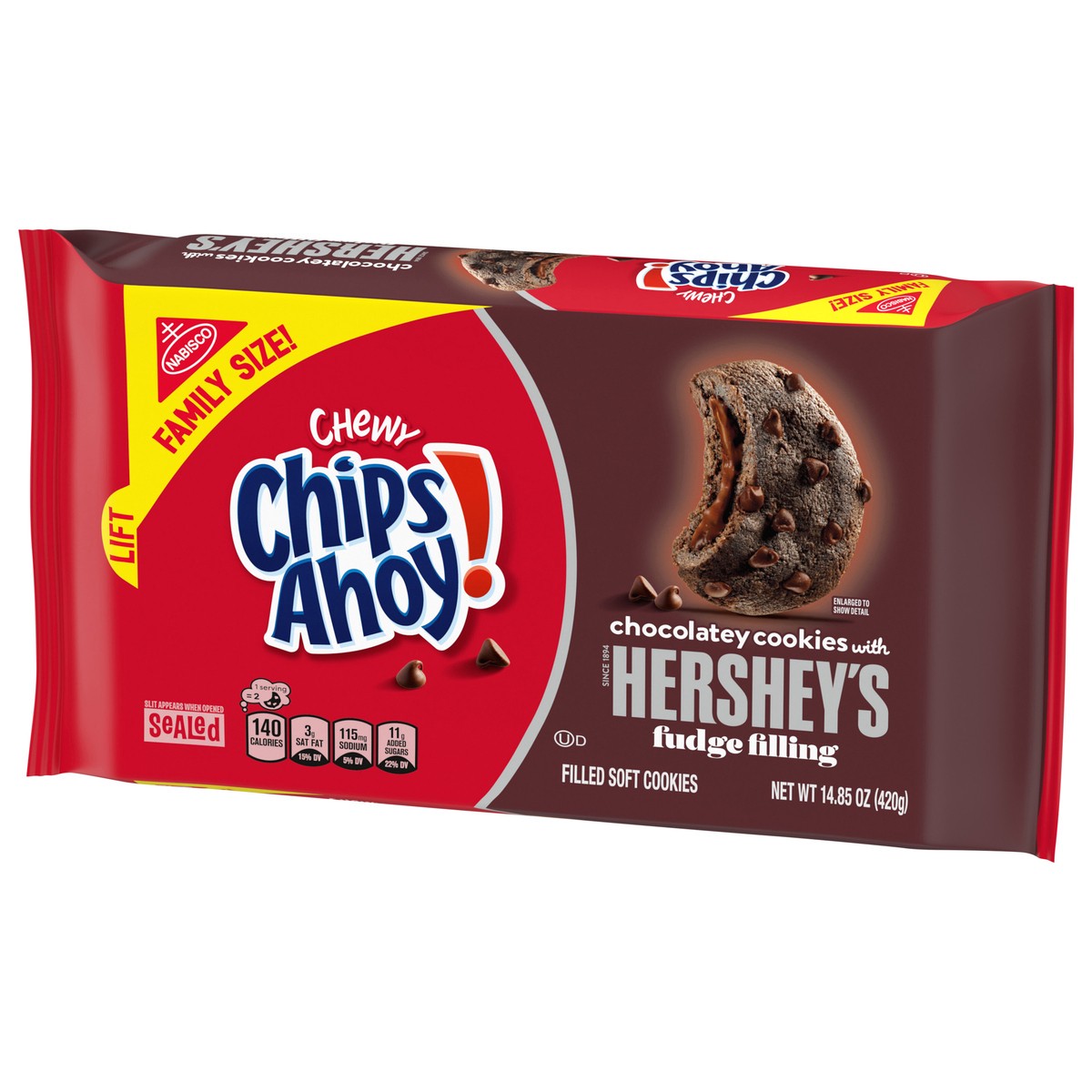 slide 2 of 14, CHIPS AHOY! Chewy Chocolatey Hershey's Fudge Filled Soft Chocolate Chip Cookies, Chocolate Cookies, Family Size, 14.85 oz, 14.85 oz