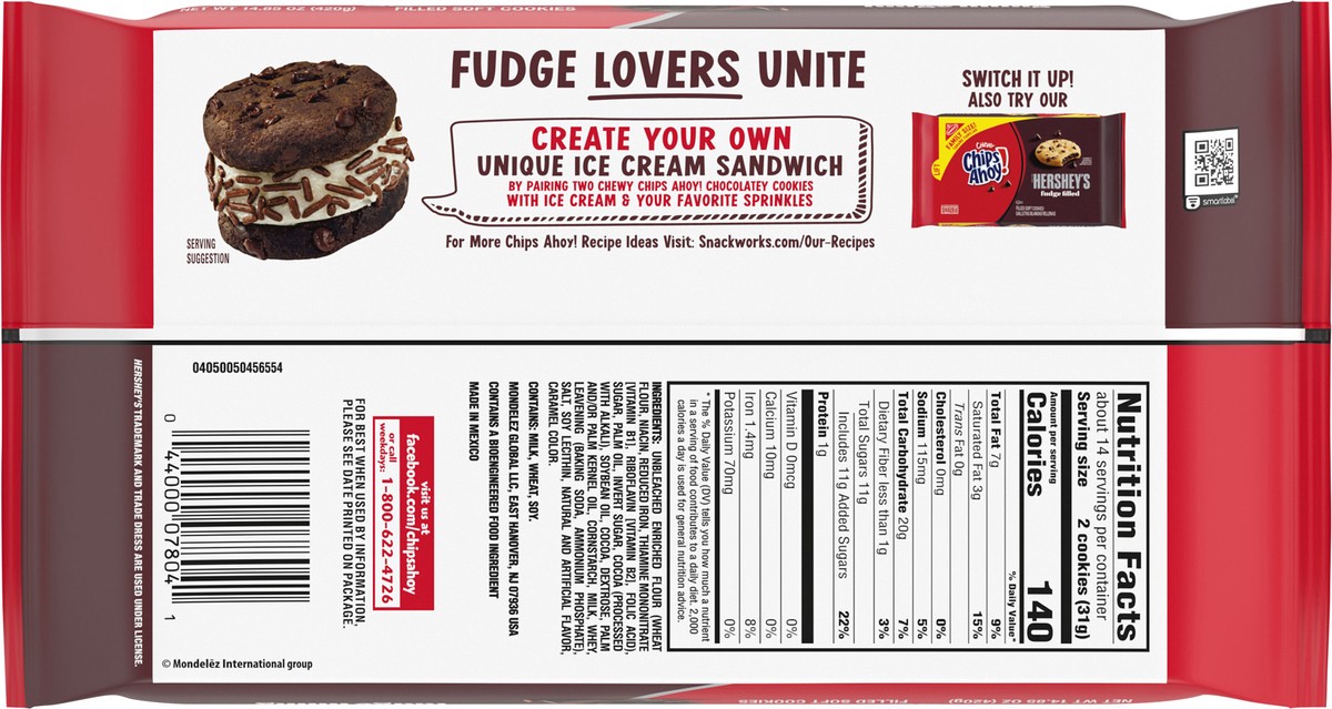slide 12 of 14, CHIPS AHOY! Chewy Chocolatey Hershey's Fudge Filled Soft Chocolate Chip Cookies, Chocolate Cookies, Family Size, 14.85 oz, 14.85 oz