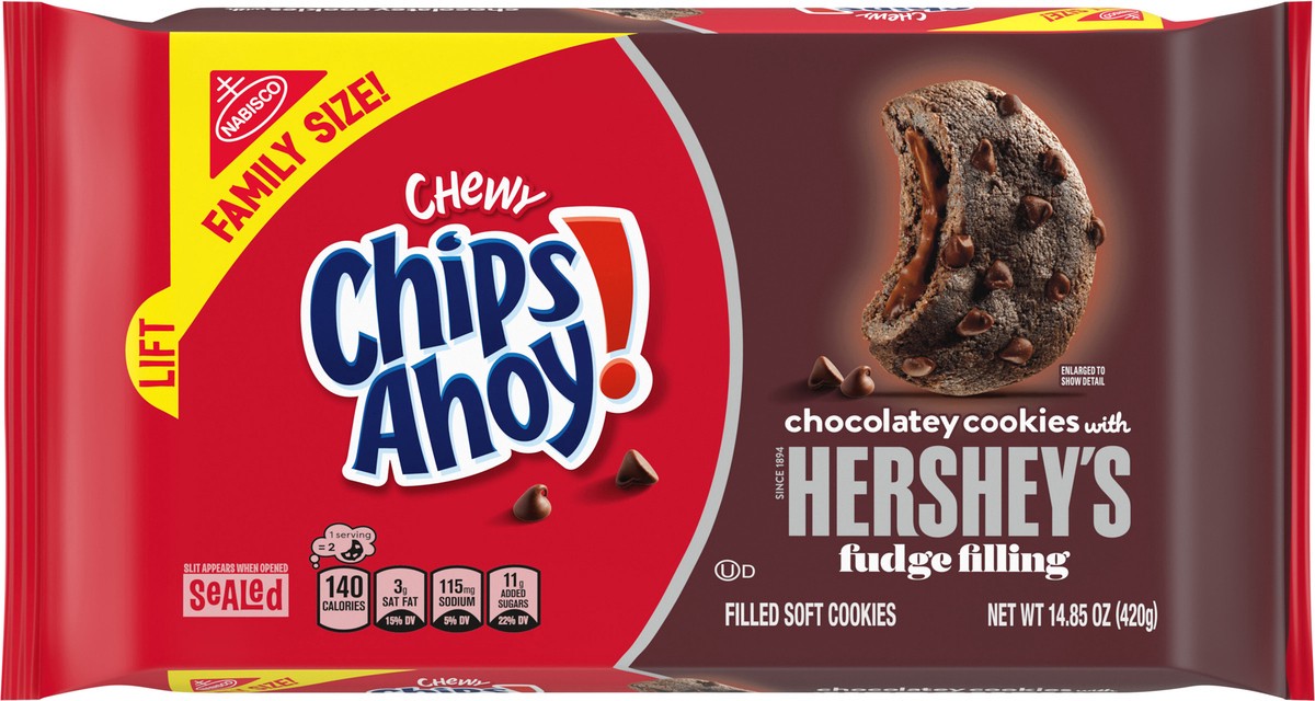 slide 5 of 14, CHIPS AHOY! Chewy Chocolatey Hershey's Fudge Filled Soft Chocolate Chip Cookies, Chocolate Cookies, Family Size, 14.85 oz, 14.85 oz