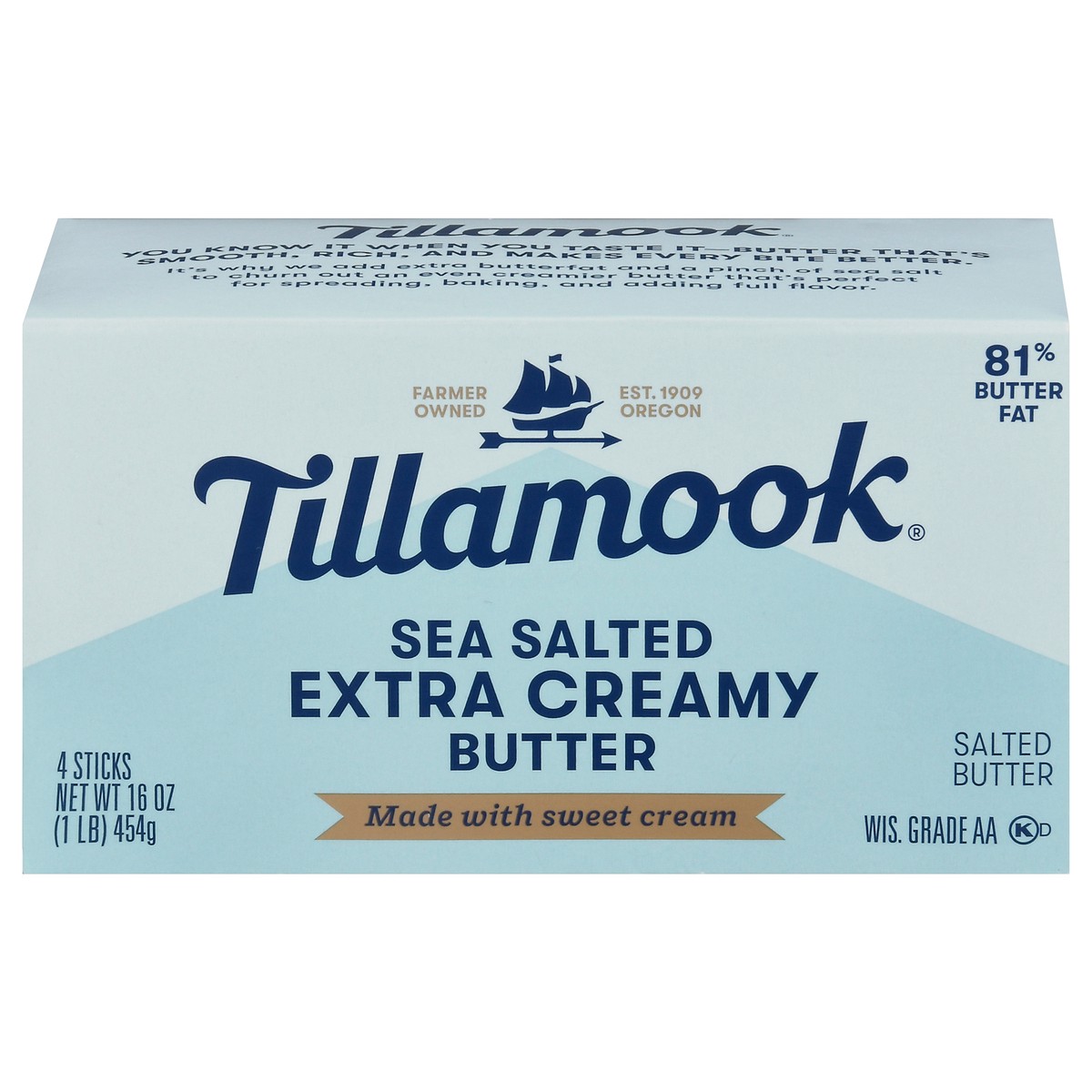 slide 1 of 5, Tillamook Extra Creamy Sea Salted Butter 4 Sticks, 454 g