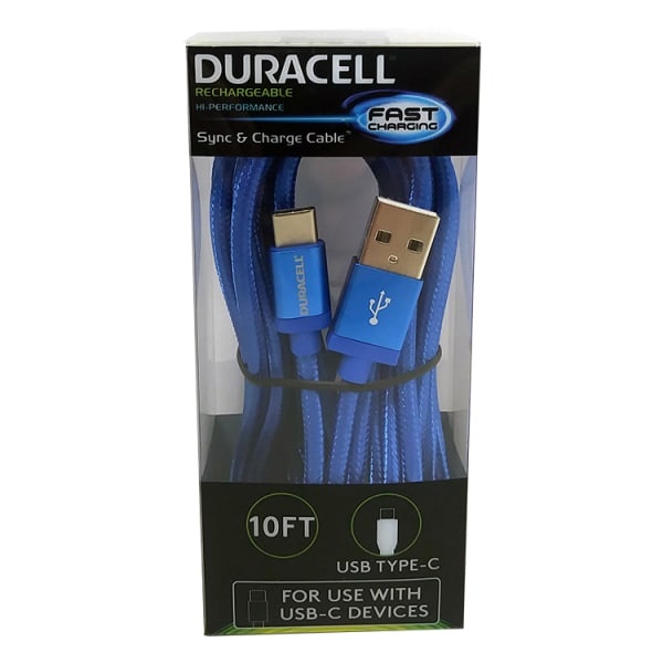 slide 1 of 2, Duracell Usb Type-C Cable, 10', Blue, Le2315, 1 ct