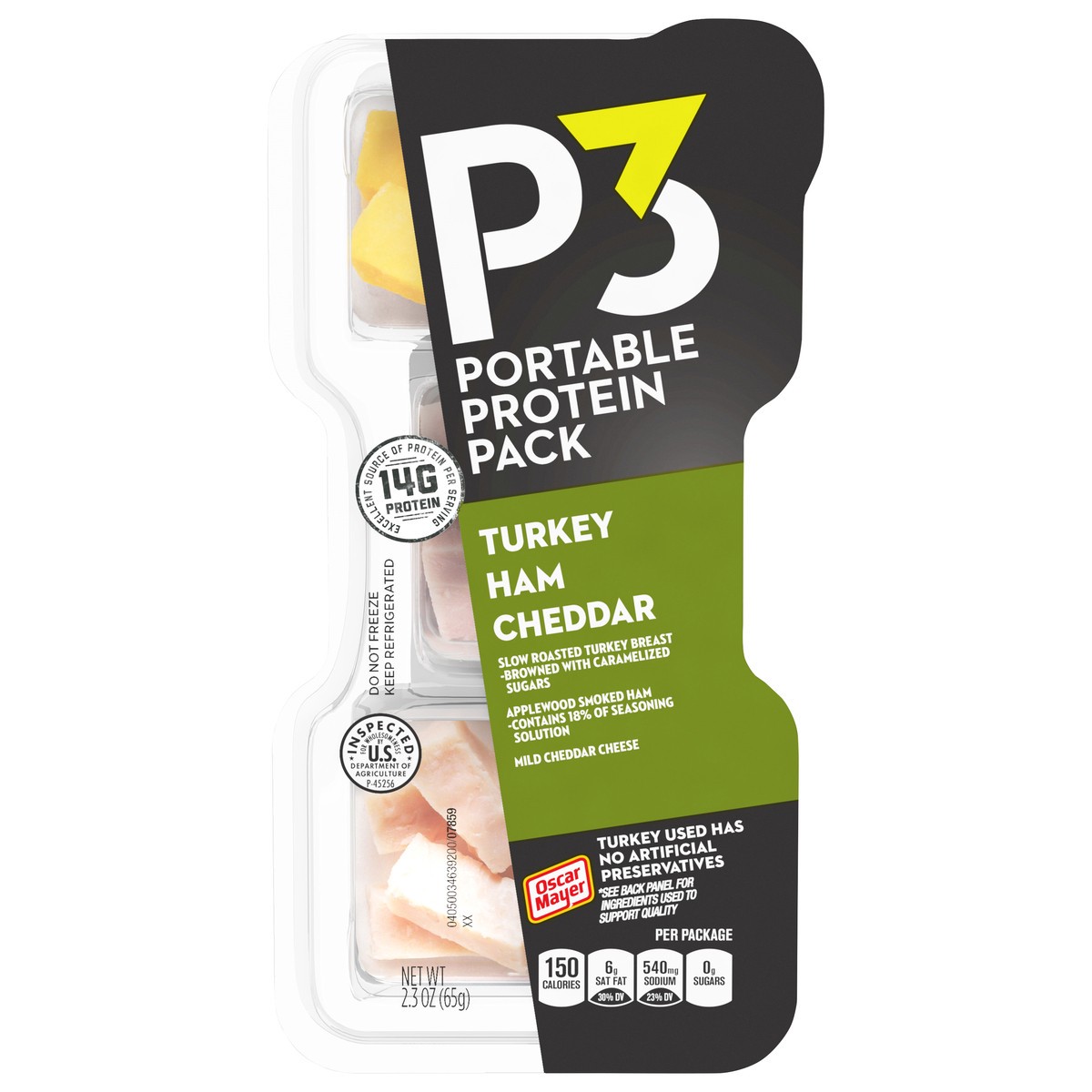 slide 1 of 5, P3 Portable Protein Snack Pack with Turkey, Ham & Cheddar Cheese, 2.3 oz Tray, 2.3 oz