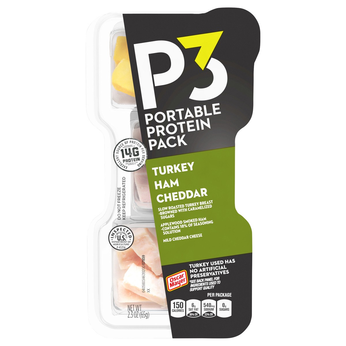 slide 1 of 5, P3 Portable Protein Snack Pack with Turkey, Ham & Cheddar Cheese, 2.3 oz Tray, 2.3 oz
