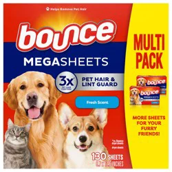 Bounce Pet Hair and Lint Guard Mega Dryer Sheets with 3X Pet Hair Fighters, Fresh Scent, 130 Count, Bounce Dryer Sheets, Pet Hair Remover for Laundry
