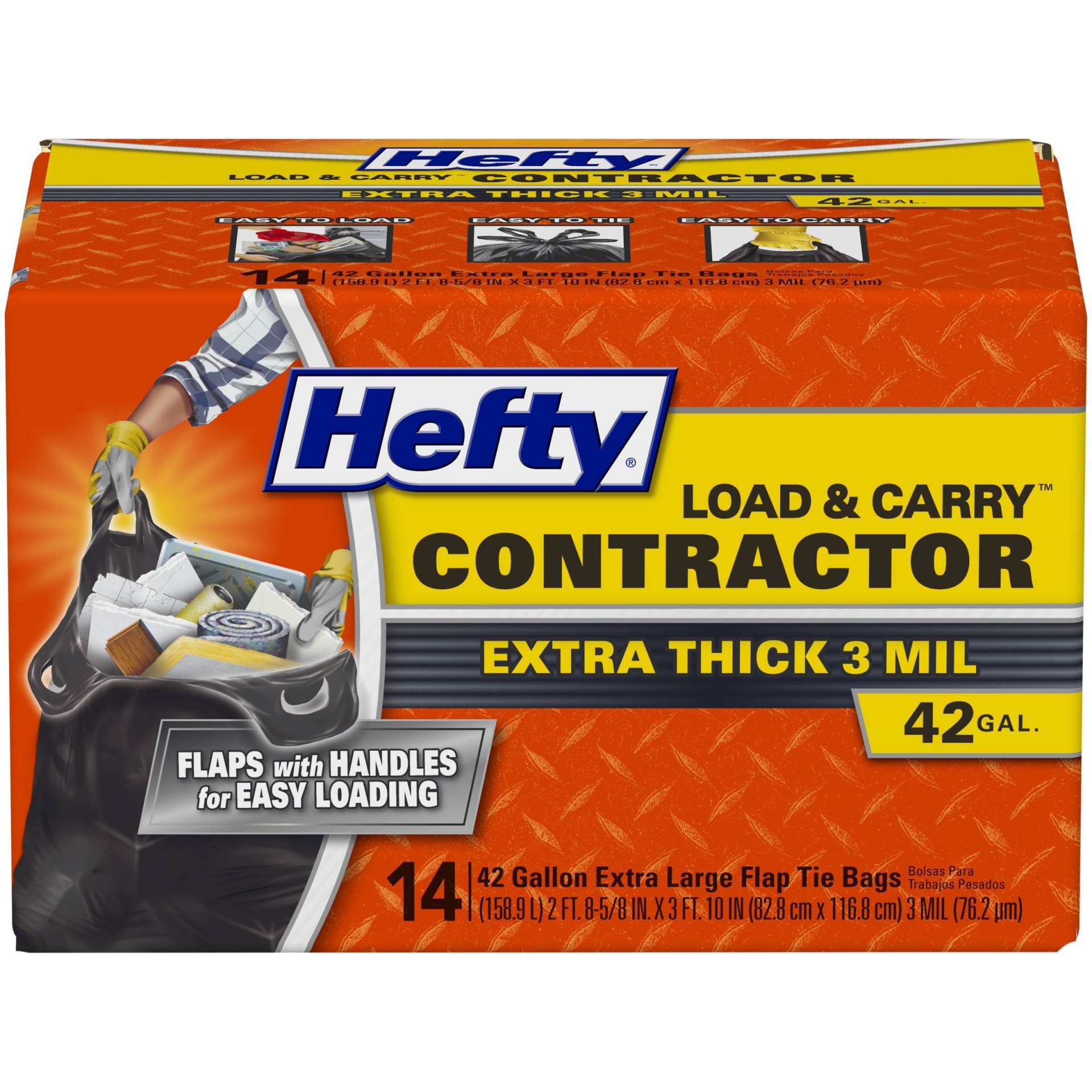 slide 1 of 3, Hefty Contractor Load & Carry Extra Large Flap Tie Trash Bags - 42 Gallon - 14ct, 42 gal, 14 ct