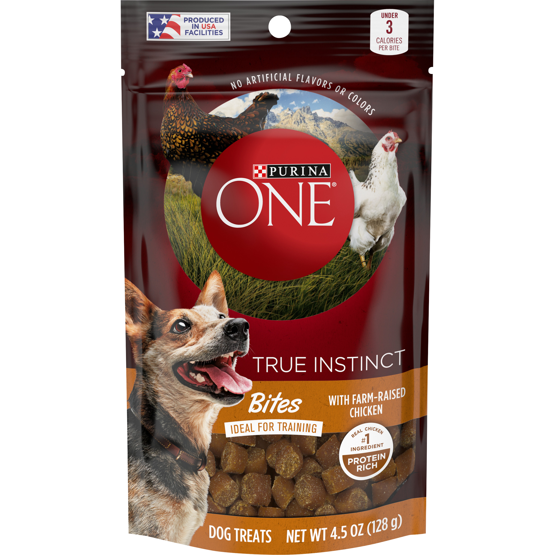 slide 1 of 2, Purina ONE True Instinct Bites With Farm-Raised Chicken Dog Treats Pouch, 4.5 oz