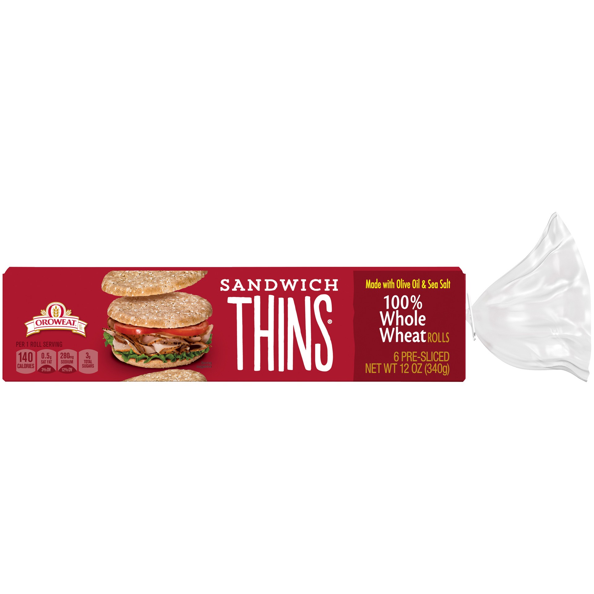 slide 3 of 5, Oroweat Sandwich Thins Whole Wheat Rolls, 6 count, Pre-sliced Sandwich Thins, 12 oz Bag, 6 ct