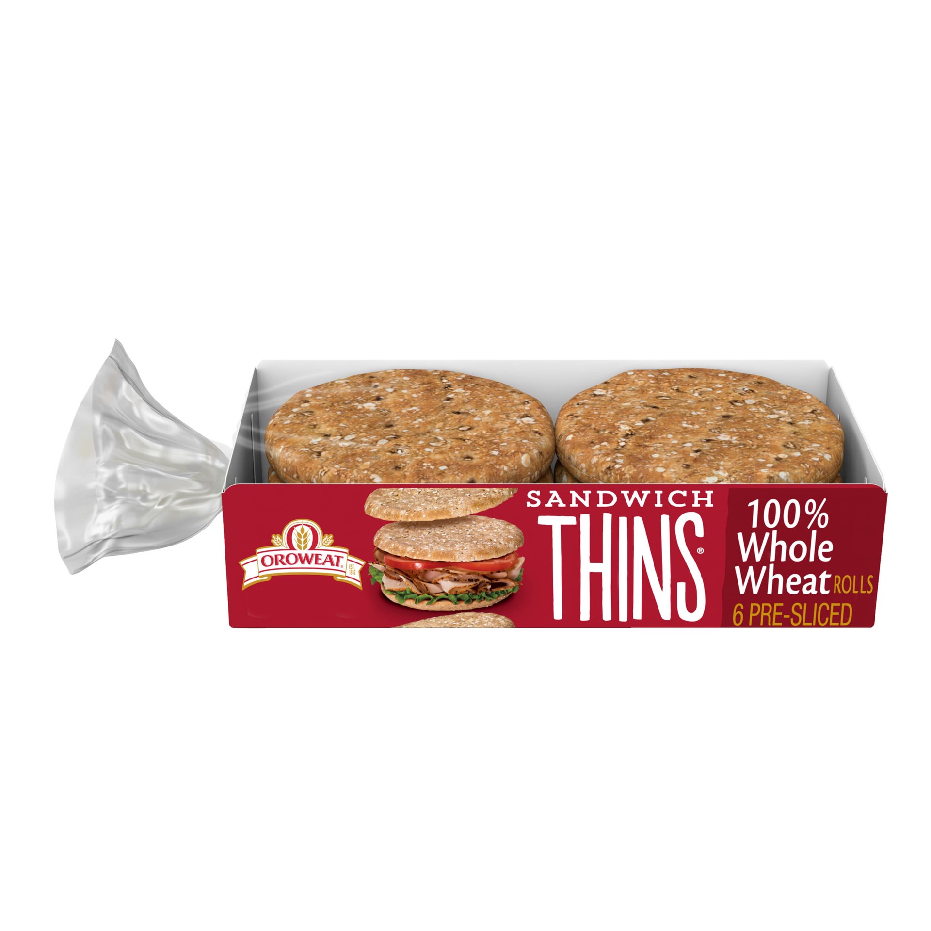 slide 1 of 5, Oroweat Sandwich Thins Whole Wheat Rolls, 6 count, Pre-sliced Sandwich Thins, 12 oz Bag, 6 ct