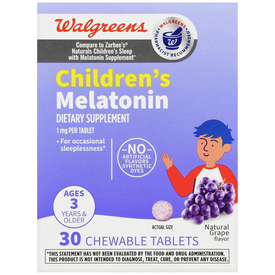 slide 4 of 5, Walgreens Melatonin 1mg Grape Chewable Grape, 30 ct