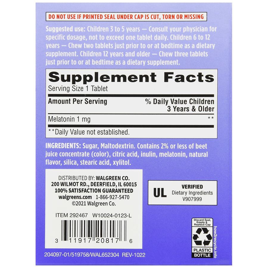 slide 5 of 5, Walgreens Melatonin 1mg Grape Chewable Grape, 30 ct