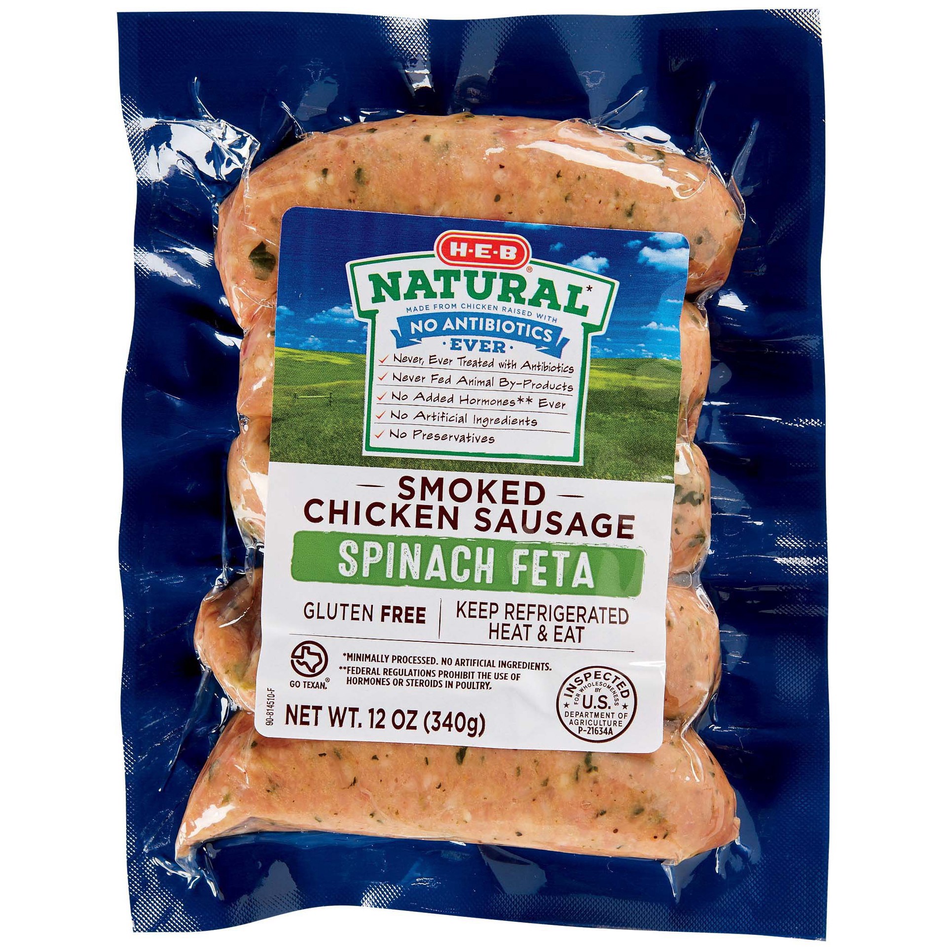 slide 1 of 1, H-E-B Chicken Spinach Feta Sausage, 12 oz