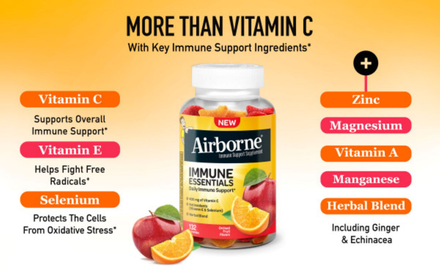 slide 3 of 3, Airborne Immune Suport Essential Gummies - Orchard Fruit, 132 ct