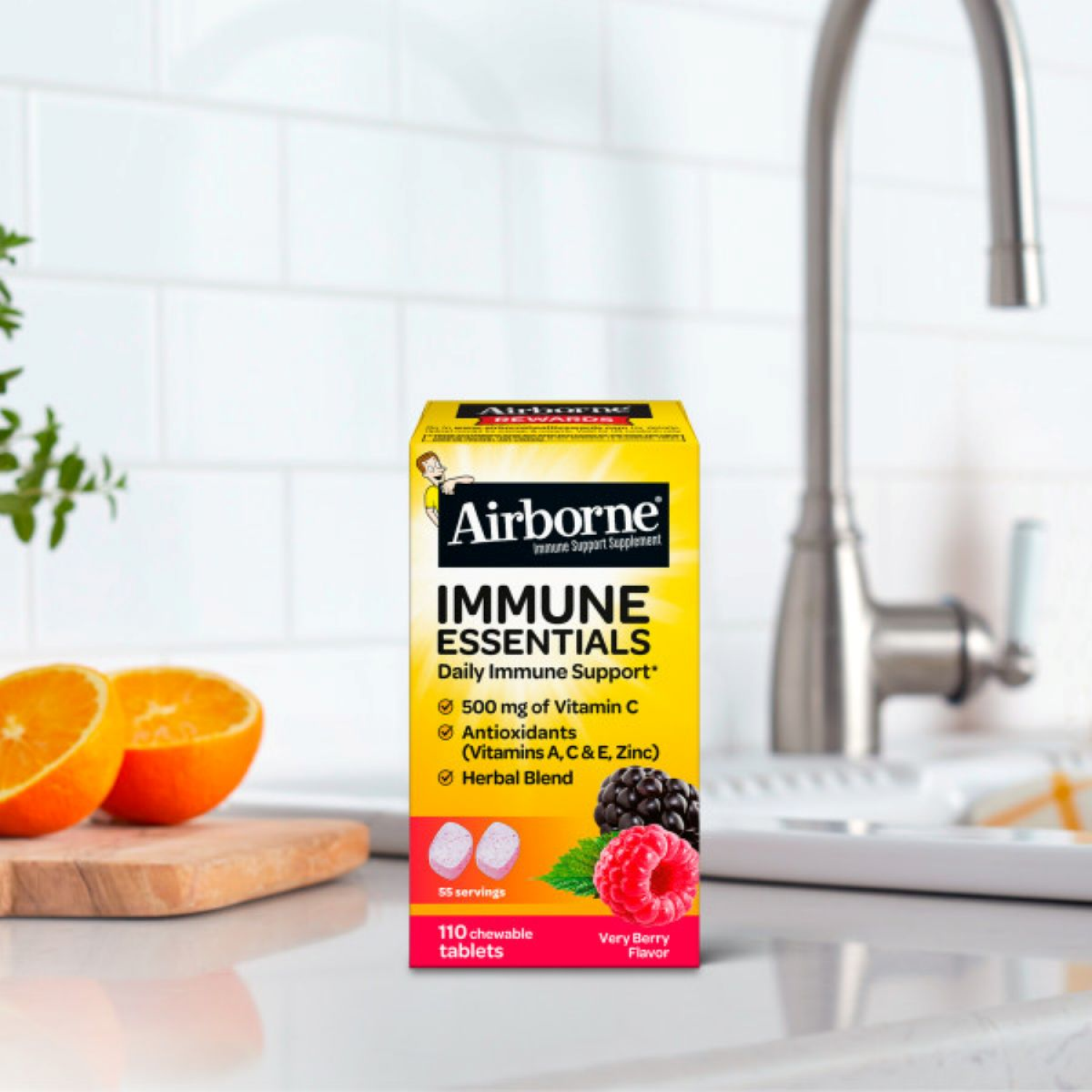 slide 4 of 4, Airborne Immune Essentials Very Berry Flavor Daily Immune Support 110 Chewable Tablets, 110 ct