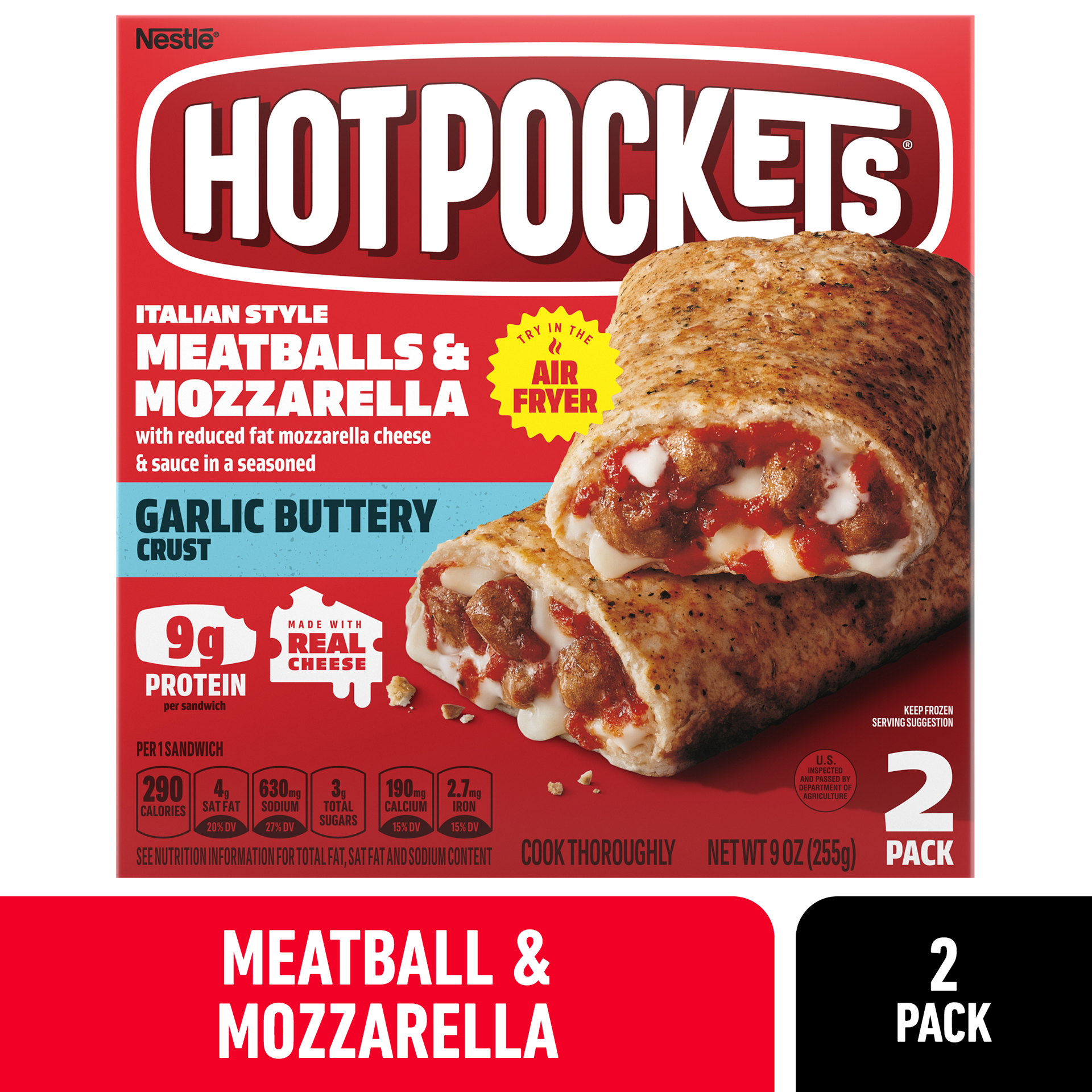 slide 1 of 13, Hot Pockets Italian Style Meatballs and Mozzarella Frozen Snacks, Pizza Snacks Made with Reduced Fat Mozzarella Cheese, 2 Count Frozen Sandwiches, 9 oz