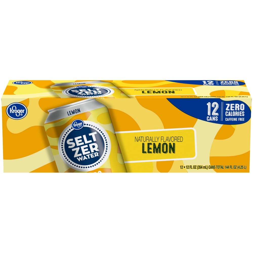 slide 1 of 1, Kroger Naturally Flavored Lemon Seltzer Water Caffeine Free, 12 ct; 12 fl oz