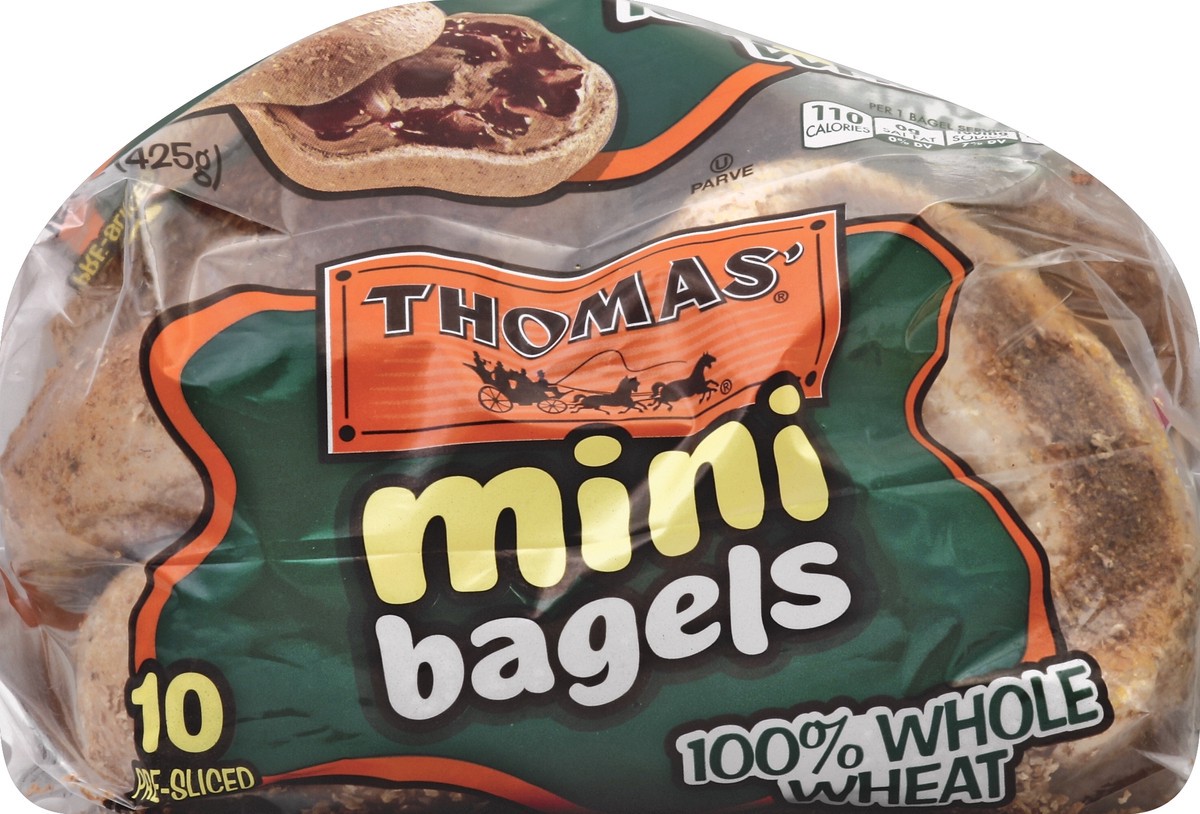 slide 4 of 5, Thomas' Whole Wheat Pre-Sliced Mini Bagels, 12 ct; 18 oz