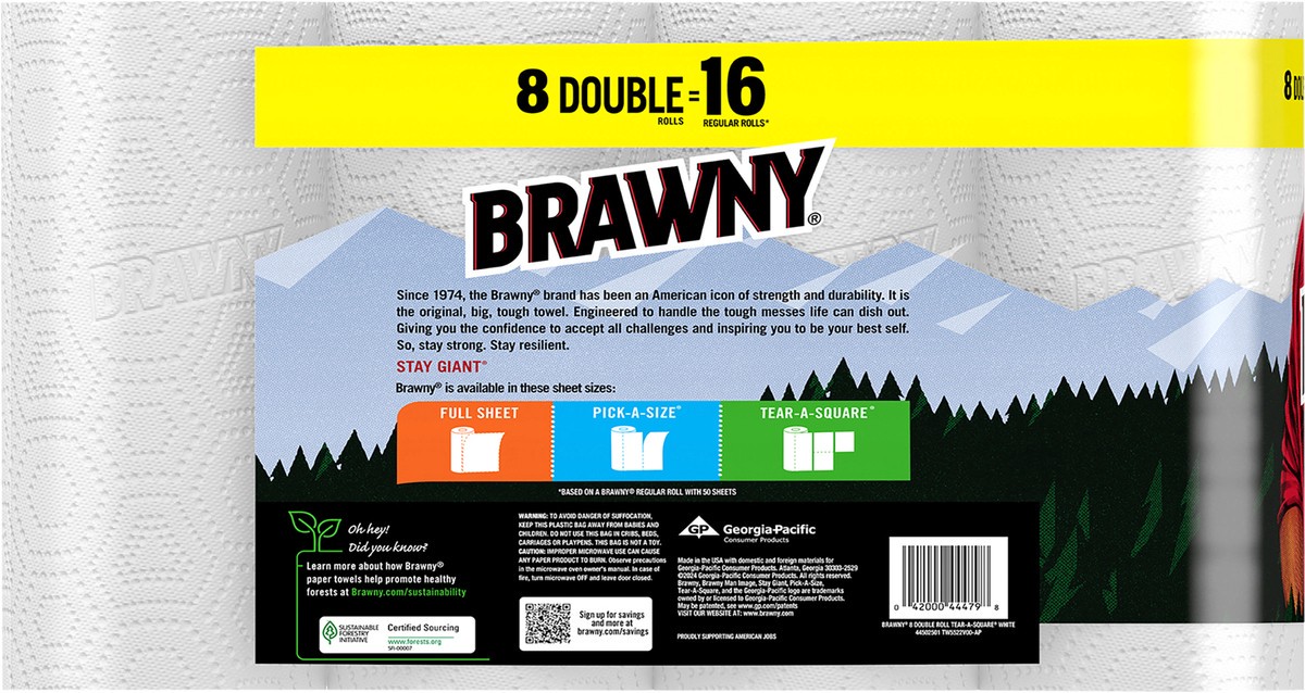 slide 2 of 9, Brawny Tear-A-Square Paper Towels, 8 Double Rolls, 8 ct