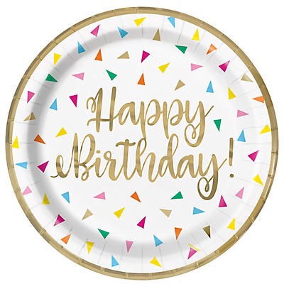 slide 1 of 1, Unique Bright Triangles Happy Birthday Paper Plates, 8 ct, 9 ft