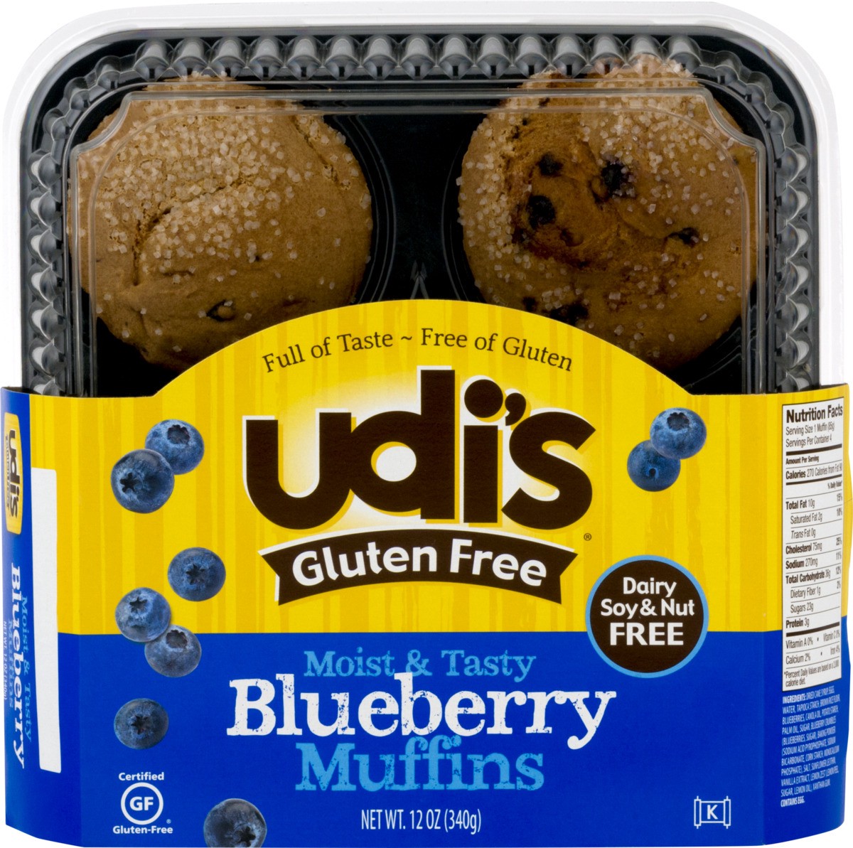slide 7 of 9, Udi's Gluten Free Moist and Tasty Blueberry Muffins, Frozen, 12 oz. 4-Count, 4 ct