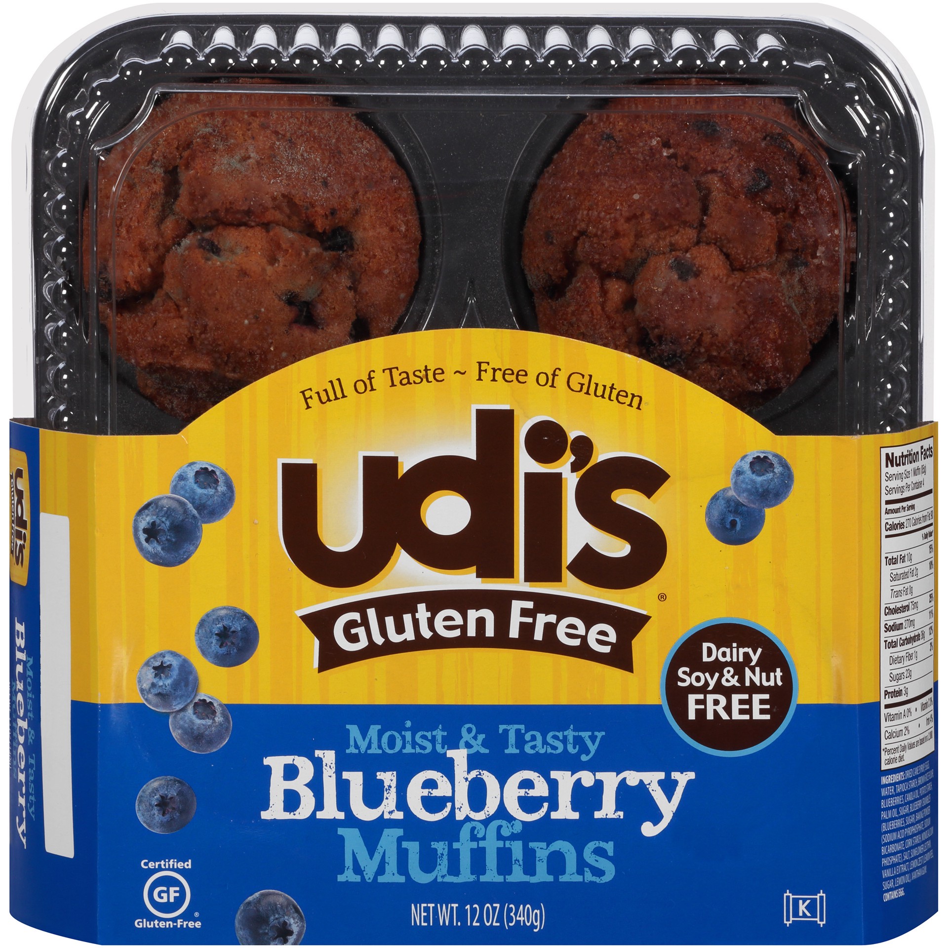 slide 1 of 9, Udi's Gluten Free Moist and Tasty Blueberry Muffins, Frozen, 12 oz. 4-Count, 4 ct