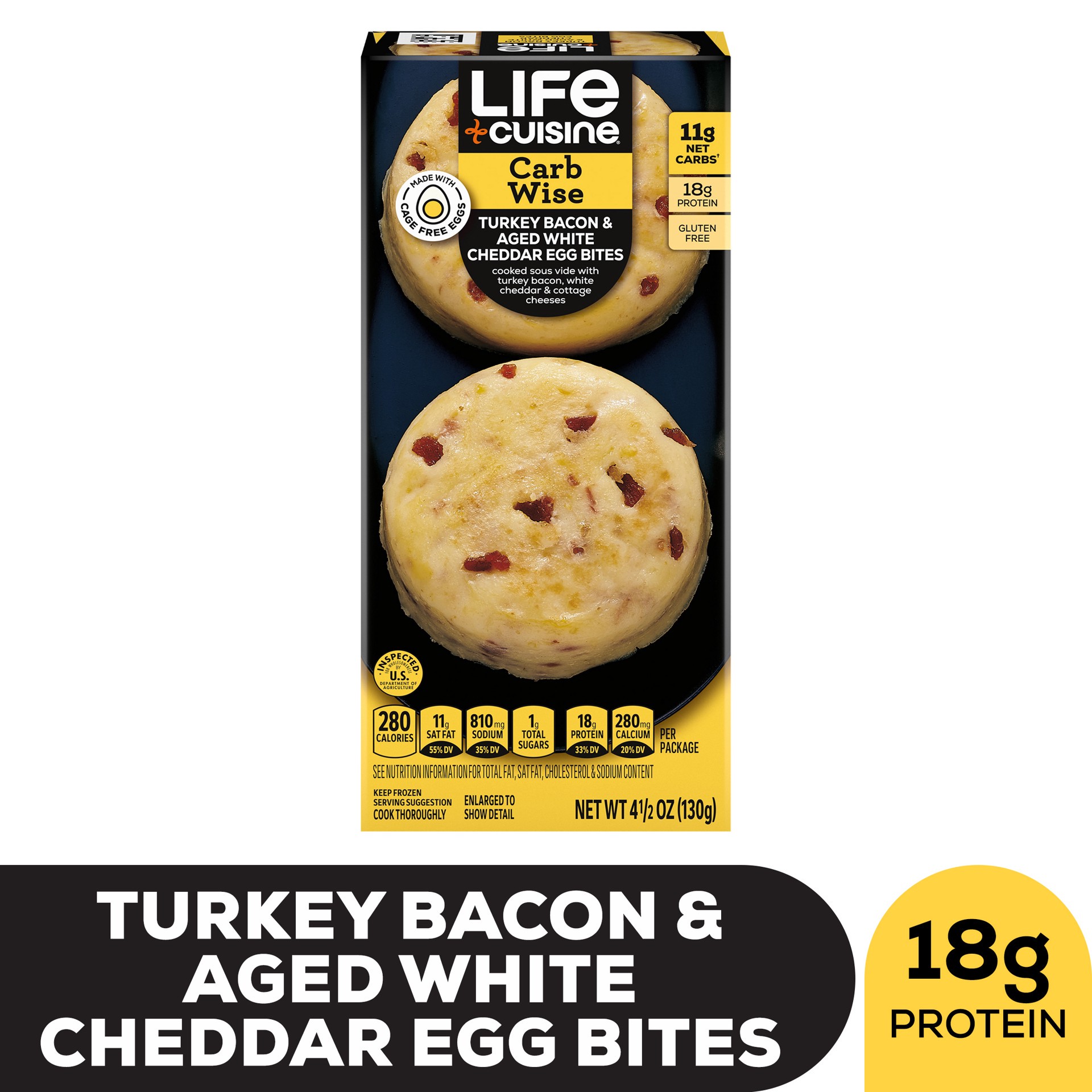 slide 1 of 9, Life Cuisine Frozen Meal Turkey Bacon & Aged White Cheddar Egg Bites, Carb Wise Microwave Meal, Carb Conscious Frozen Snacks, 4.5 oz