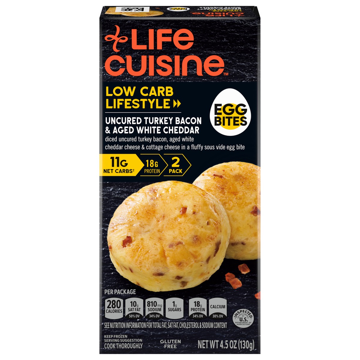 slide 1 of 9, Life Cuisine Frozen Meal Turkey Bacon & Aged White Cheddar Egg Bites, Carb Wise Microwave Meal, Carb Conscious Frozen Snacks, 4.5 oz