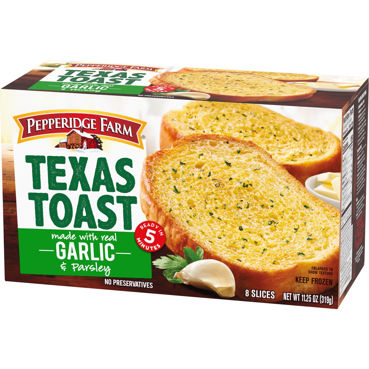 slide 3 of 9, Pepperidge Farm Texas Toast Frozen Garlic Bread, 8 Slices, 11.25 oz. Box, 11.25 oz