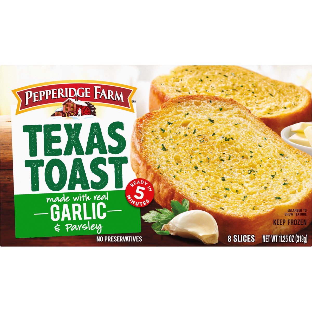 slide 6 of 9, Pepperidge Farm Texas Toast Frozen Garlic Bread, 8 Slices, 11.25 oz. Box, 11.25 oz