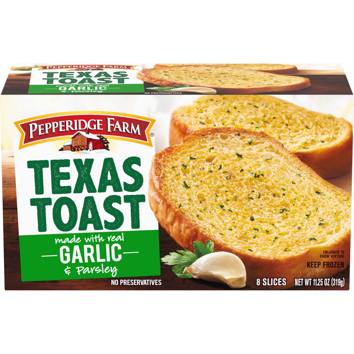 slide 1 of 9, Pepperidge Farm Texas Toast Frozen Garlic Bread, 8 Slices, 11.25 oz. Box, 11.25 oz