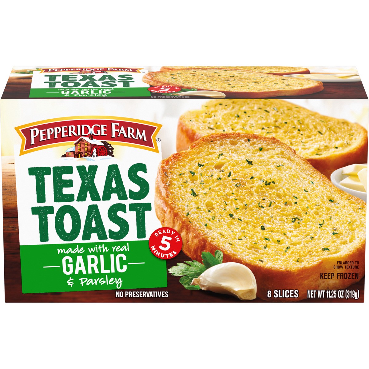 slide 1 of 9, Pepperidge Farm Texas Toast Frozen Garlic Bread, 8 Slices, 11.25 oz. Box, 11.25 oz