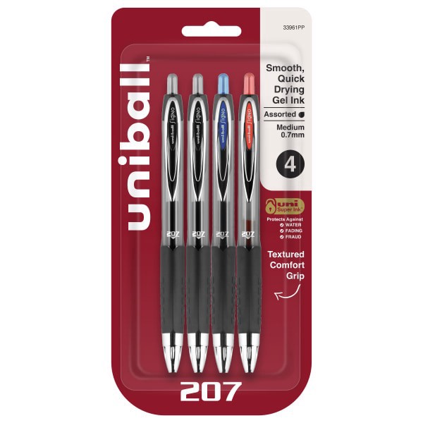 slide 1 of 8, uni-ball 207 Retractable Fraud Prevention Gel Pens, Medium Point, Black Barrels, Assorted Ink Colors, Pack Of 4 Pens, 4 ct