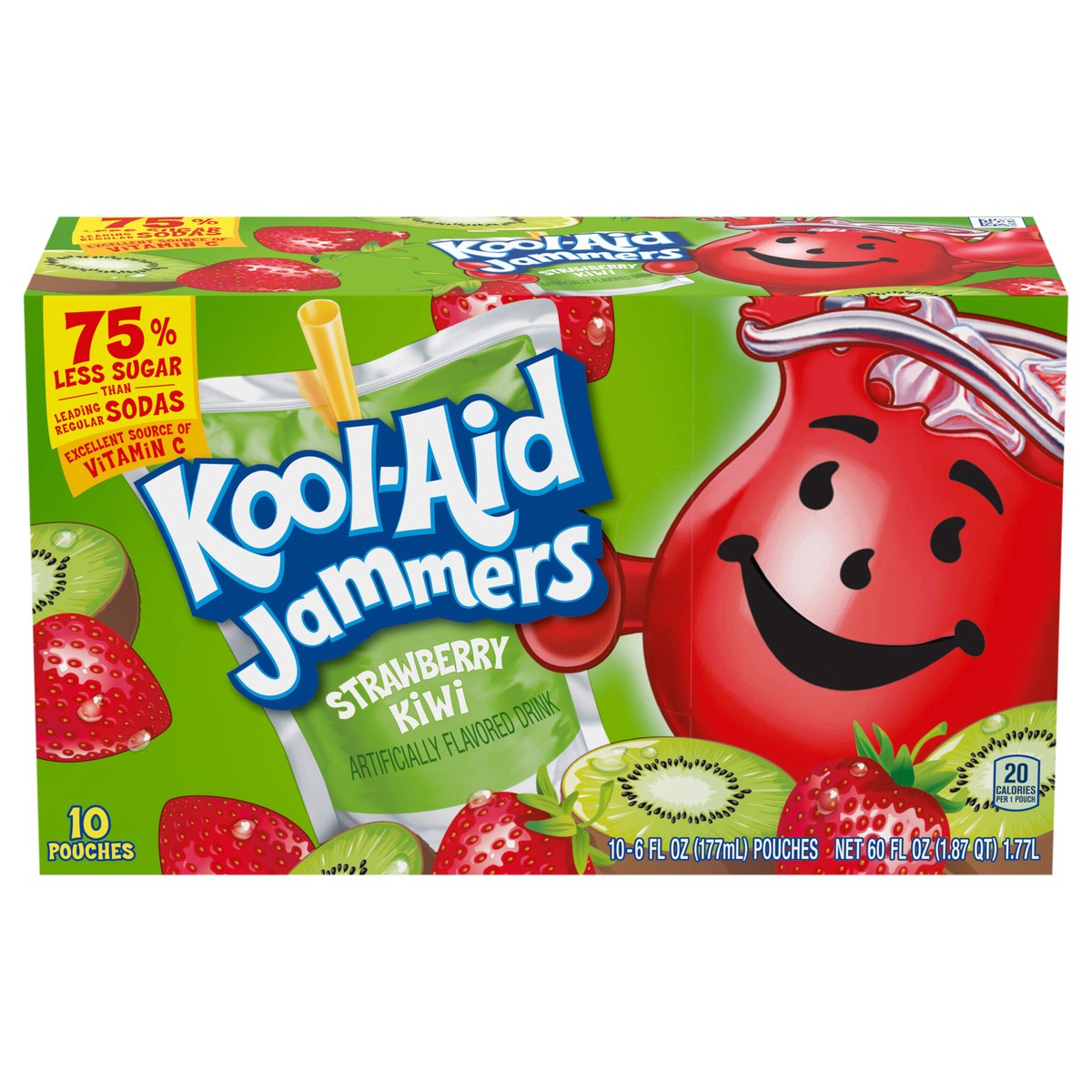 slide 1 of 9, Kool-Aid Jammers Strawberry Kiwi Flavored 0% Juice Drink, 10 ct Box, 6 fl oz Pouches, 10 ct
