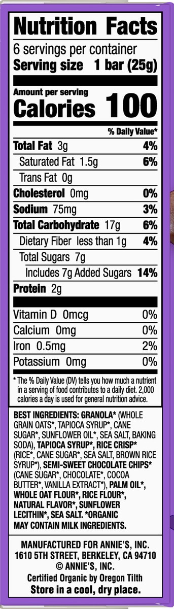 slide 7 of 13, Annie's Organic Chewy Granola Bars, Chocolate Chip, 6 Bars, 5.34 oz, 6 ct