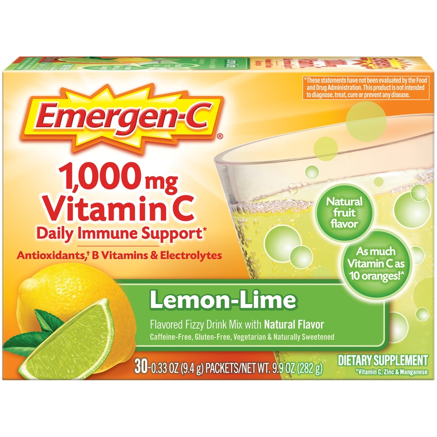 slide 1 of 7, Emergen-C Vitamin C Dietary Supplement - Lemon Lime Flavor, 30 ct; 0.33 oz