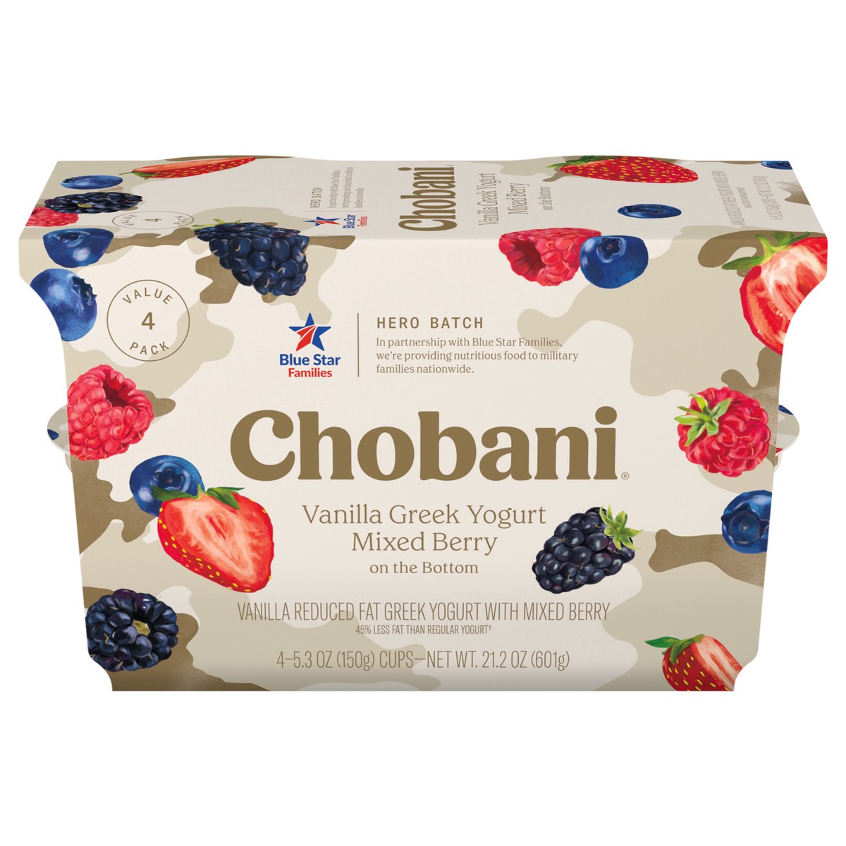 slide 1 of 9, Chobani Low-Fat Hero Batch Vanilla Mixed Berry on the Bottom Greek Yogurt 5.3oz 4ct, 4 ct