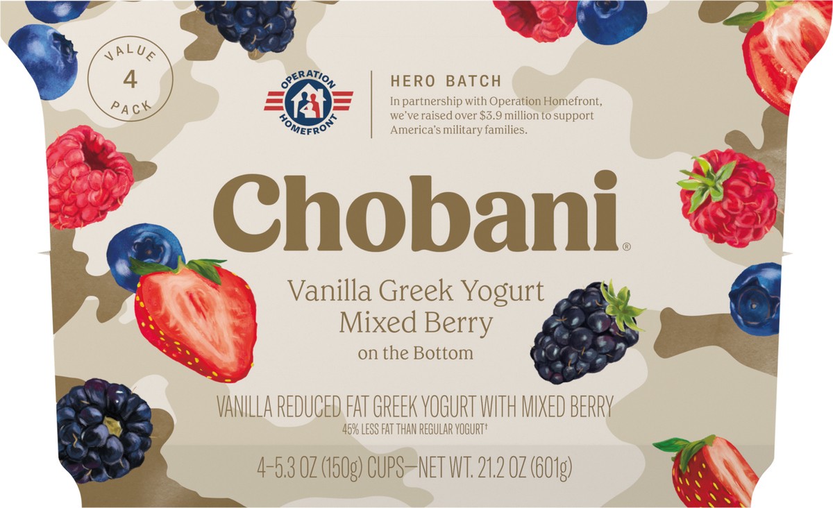 slide 6 of 9, Chobani Mixed Berry on the Bottom Low-Fat Vanilla Greek Yogurt - 4ct/5.3oz Cups, 4 ct; 5.3 oz