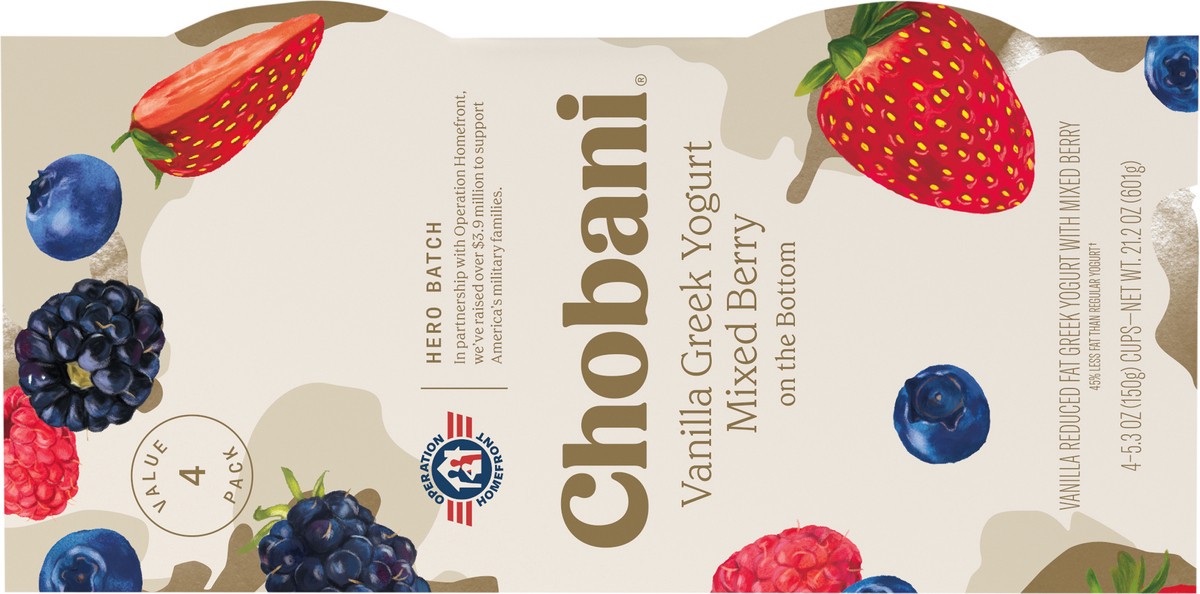 slide 9 of 9, Chobani Mixed Berry on the Bottom Low-Fat Vanilla Greek Yogurt - 4ct/5.3oz Cups, 4 ct; 5.3 oz