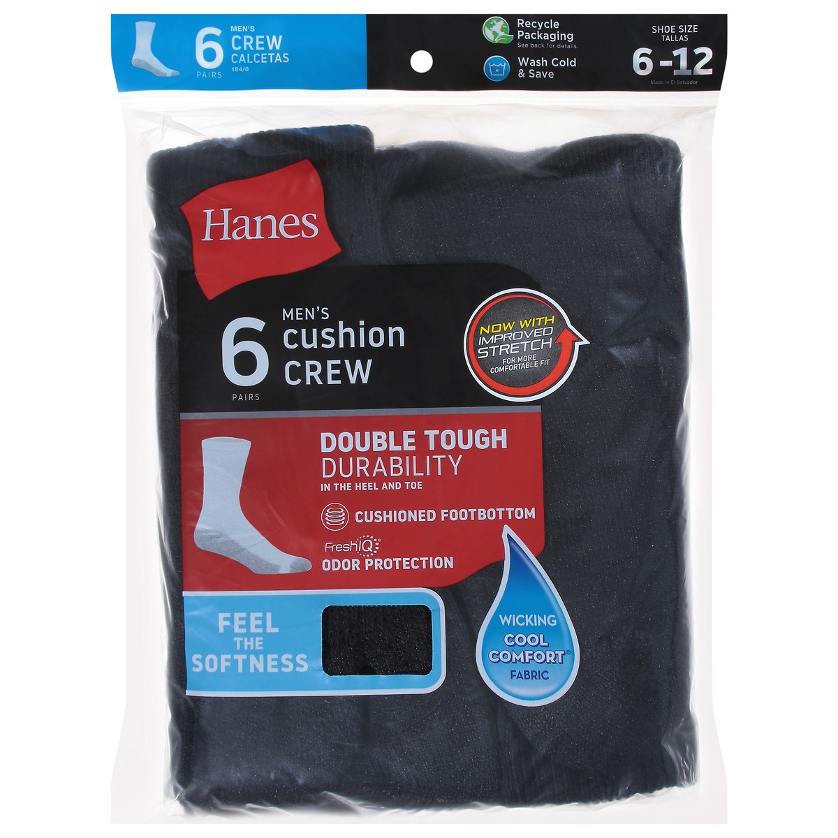 slide 1 of 6, Hanes Men's Cushion Crew Socks 6 ea, 6 ct