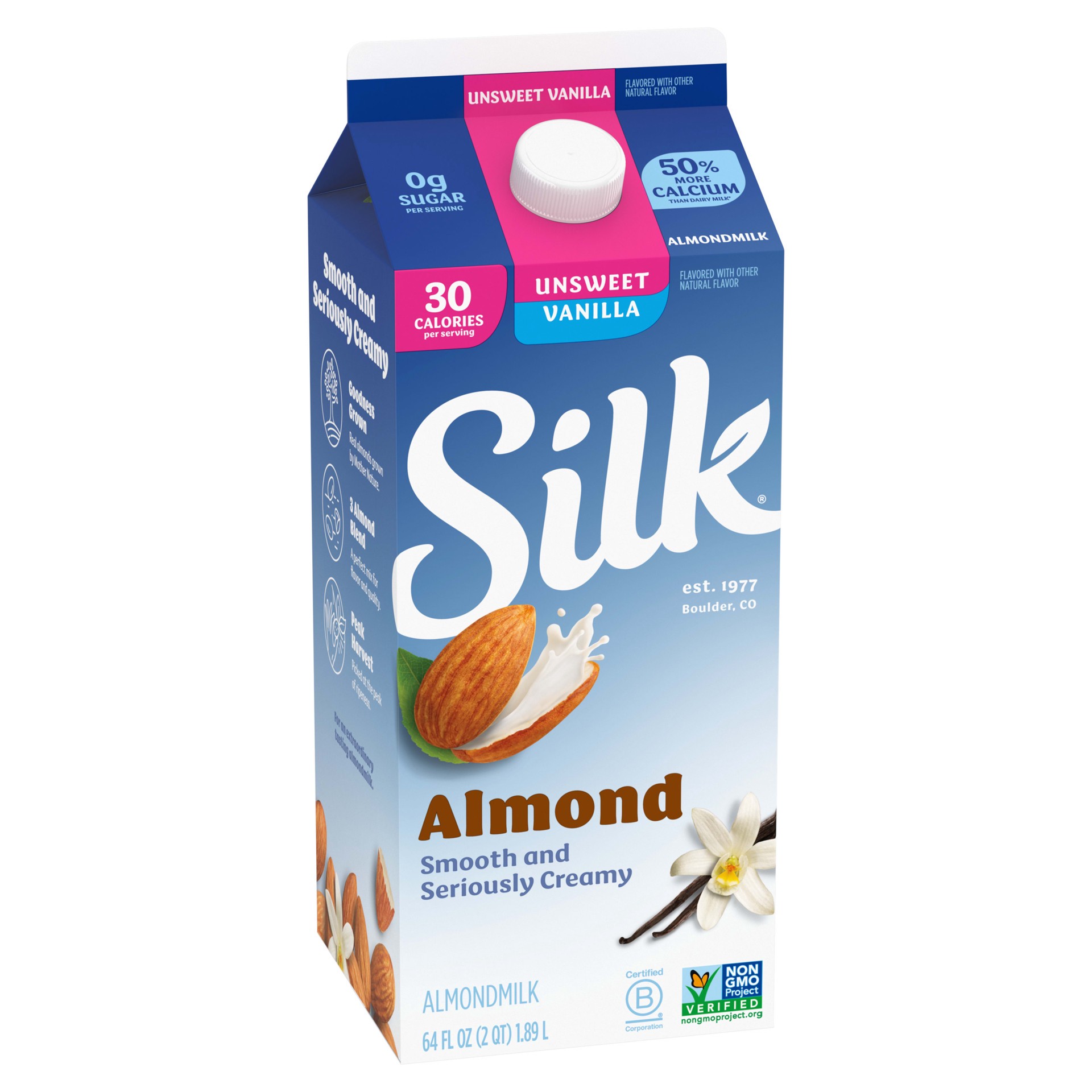 slide 2 of 5, Silk Almond Milk, Unsweet Vanilla, Dairy Free, Gluten Free, Seriously Creamy Vegan Milk with 50% More Calcium than Dairy Milk, 64 FL OZ Half Gallon, 1/2 gal