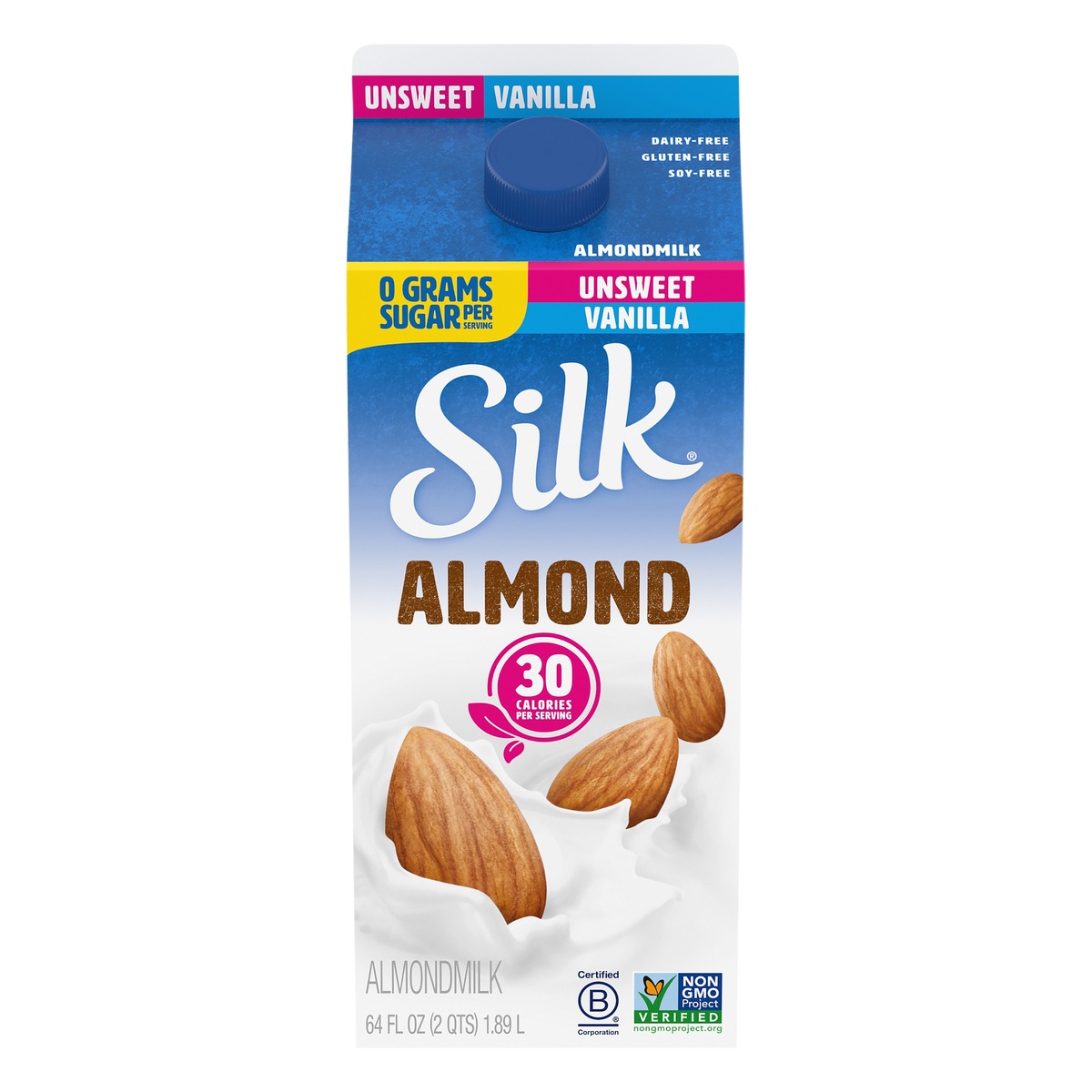 slide 1 of 9, Silk Unsweetened Vanilla Almond Milk, Half Gallon, 64 fl oz