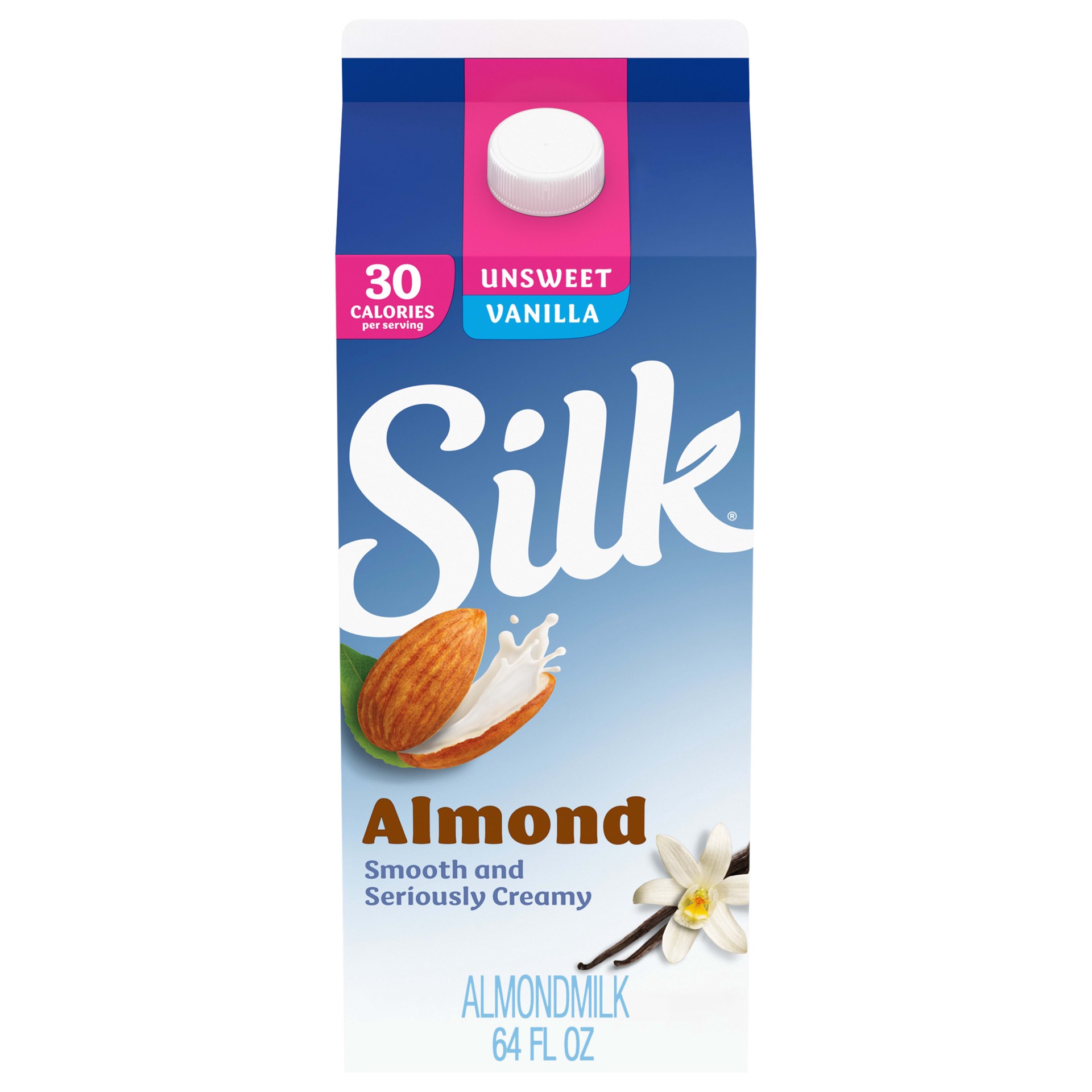slide 1 of 5, Silk Almond Milk, Unsweet Vanilla, Dairy Free, Gluten Free, Seriously Creamy Vegan Milk with 50% More Calcium than Dairy Milk, 64 FL OZ Half Gallon, 1/2 gal
