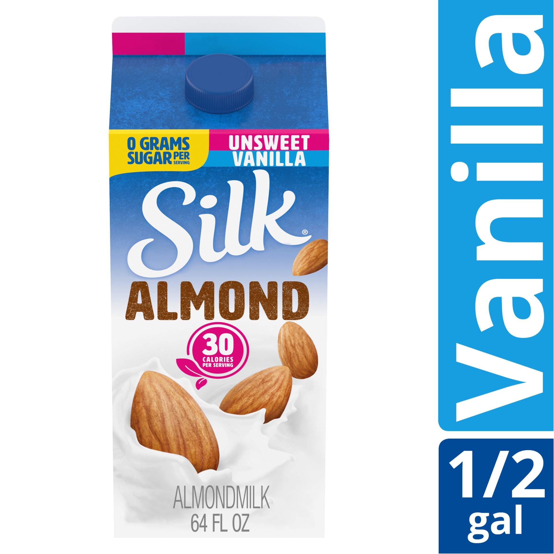 slide 1 of 1, Silk Unsweetened Vanilla Almond Milk, Half Gallon, 64 fl oz