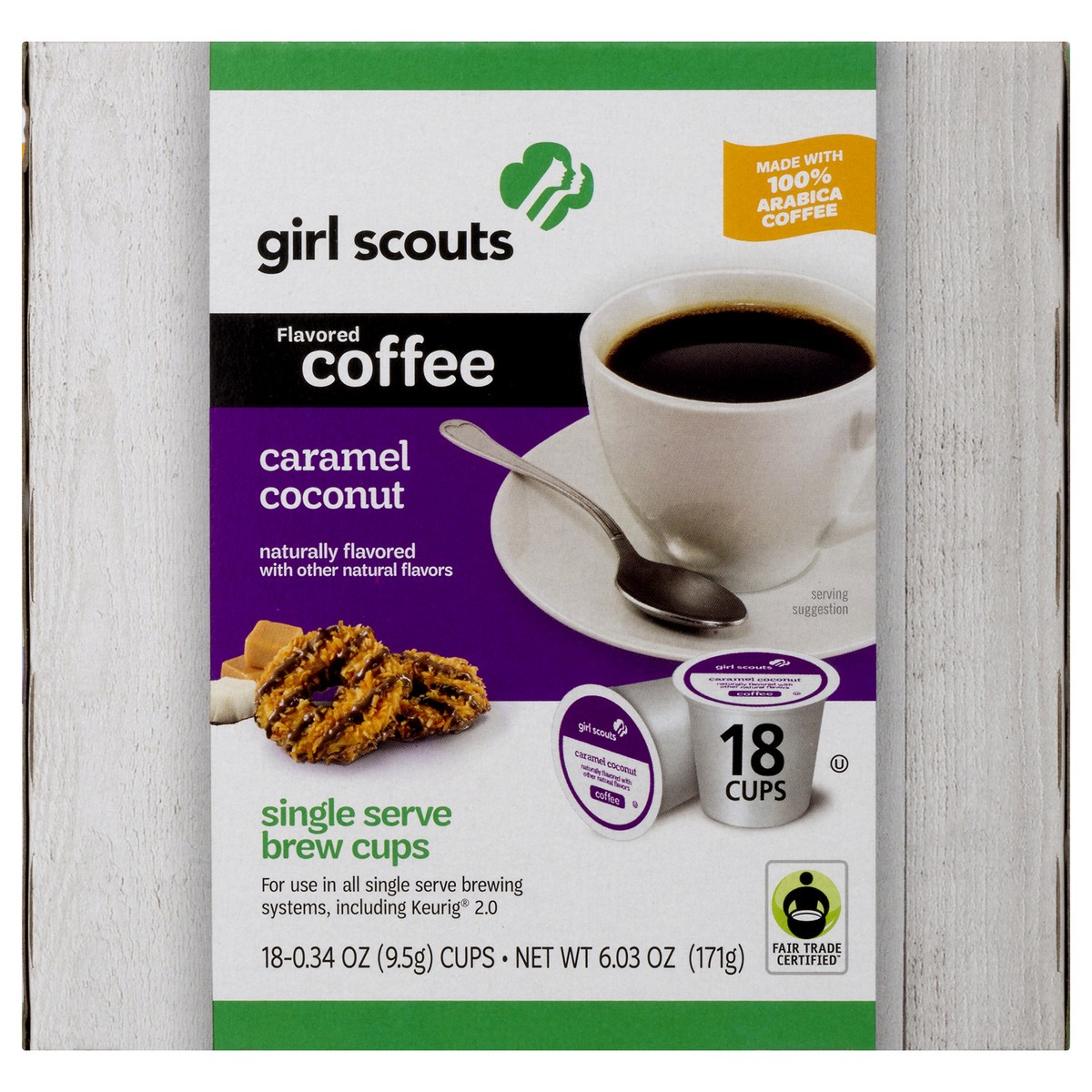 slide 1 of 10, Girl Scouts Single Serve Brew Cups 100% Arabica Caramel Coconut Coffee - 18 ct, 18 ct