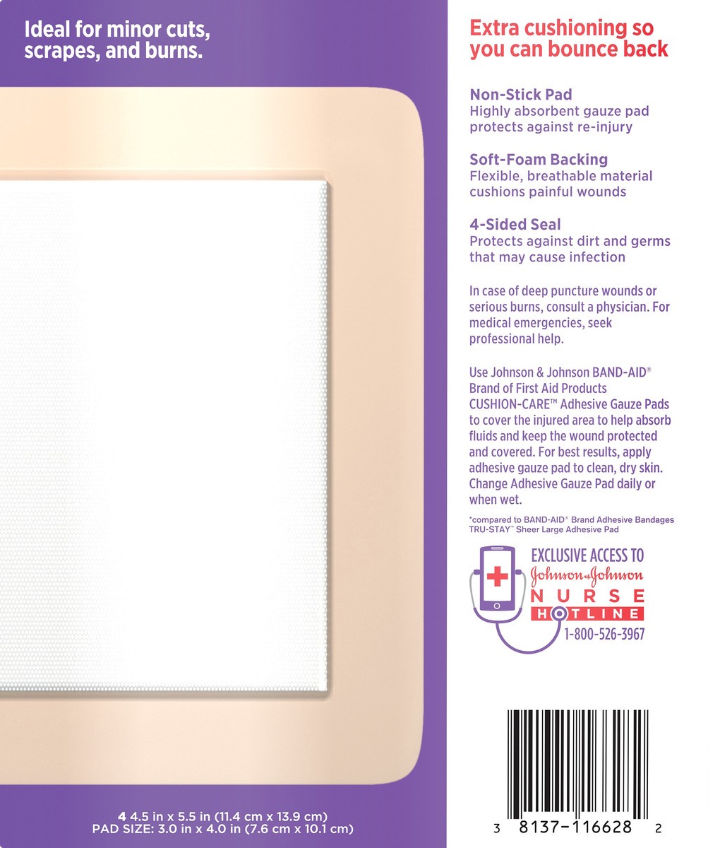 slide 4 of 7, BAND-AID of First Aid Products Cushion-Care Adhesive Gauze Pad, Breathable and Absorbent Pad to Help Keep Wounds Clean, Large, 4.5 inches by 5.5 inches, 4 ct, 4 ct