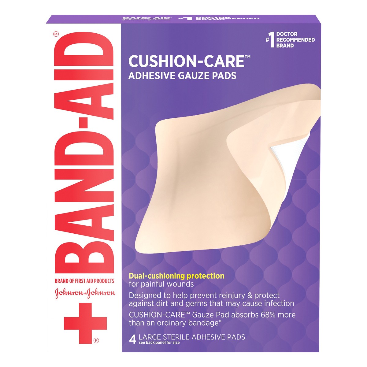slide 1 of 7, BAND-AID of First Aid Products Cushion-Care Adhesive Gauze Pad, Breathable and Absorbent Pad to Help Keep Wounds Clean, Large, 4.5 inches by 5.5 inches, 4 ct, 4 ct