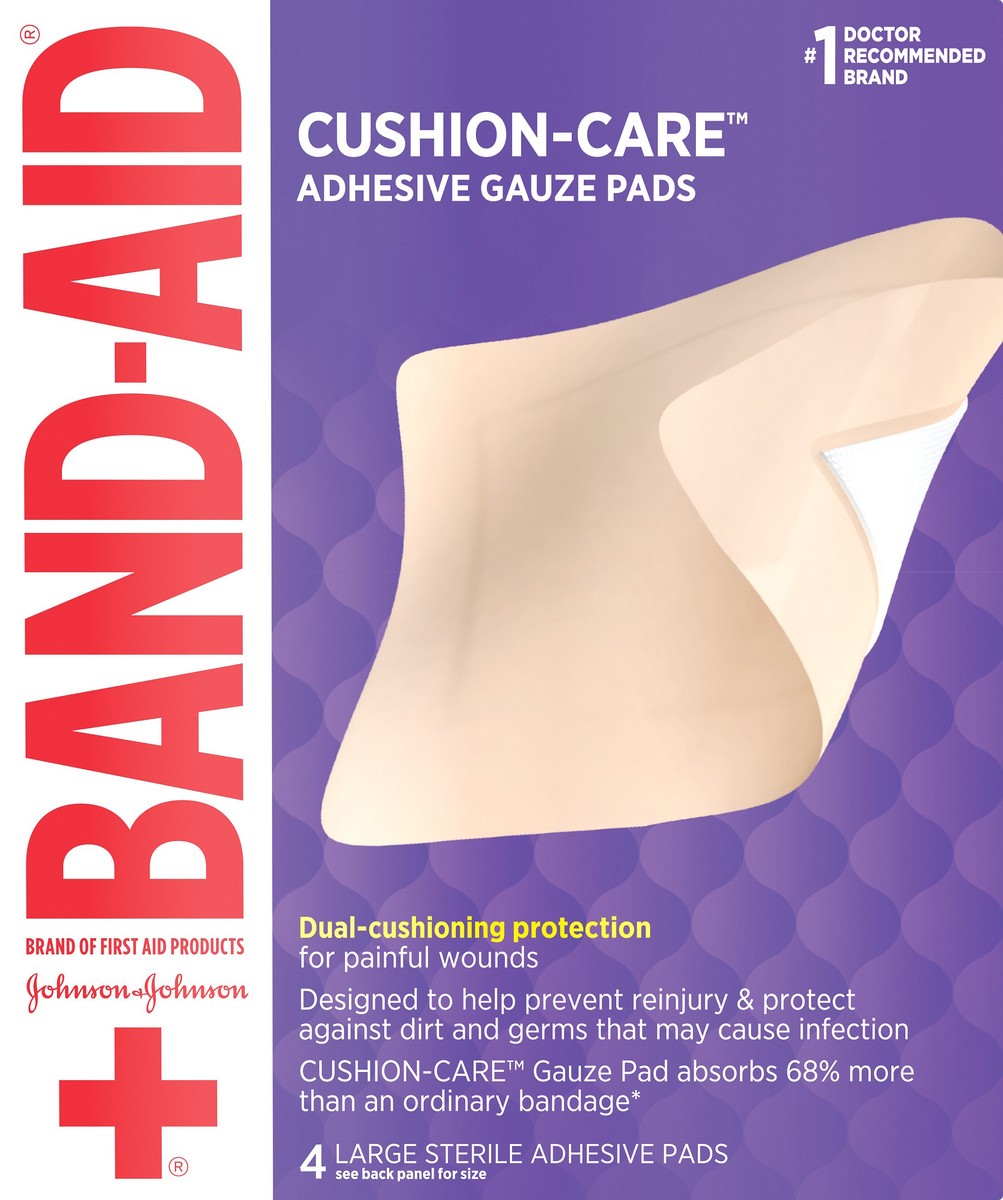 slide 5 of 7, BAND-AID of First Aid Products Cushion-Care Adhesive Gauze Pad, Breathable and Absorbent Pad to Help Keep Wounds Clean, Large, 4.5 inches by 5.5 inches, 4 ct, 4 ct