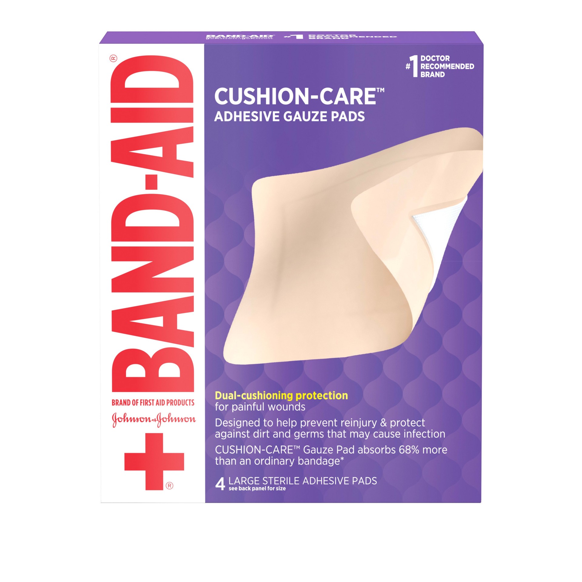 slide 1 of 7, BAND-AID of First Aid Products Cushion-Care Adhesive Gauze Pad, Breathable and Absorbent Pad to Help Keep Wounds Clean, Large, 4.5 inches by 5.5 inches, 4 ct, 4 ct