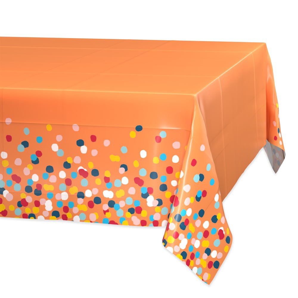 slide 3 of 3, American Greetings Plastic Table Cover Orange With Colorful Confetti, 1 ct